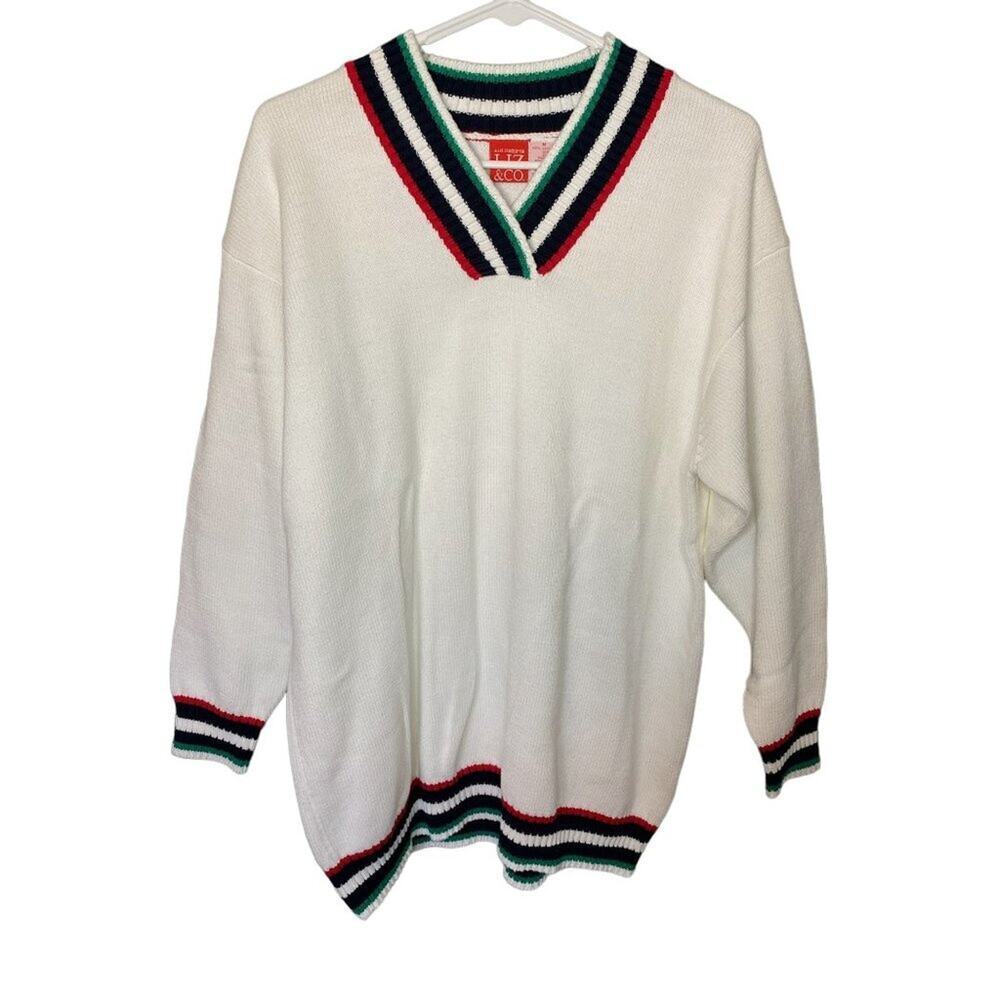Liz & Co‎ 90's Preppy, Tennis GreenBlue striped V Neck White Sweater Size Medium